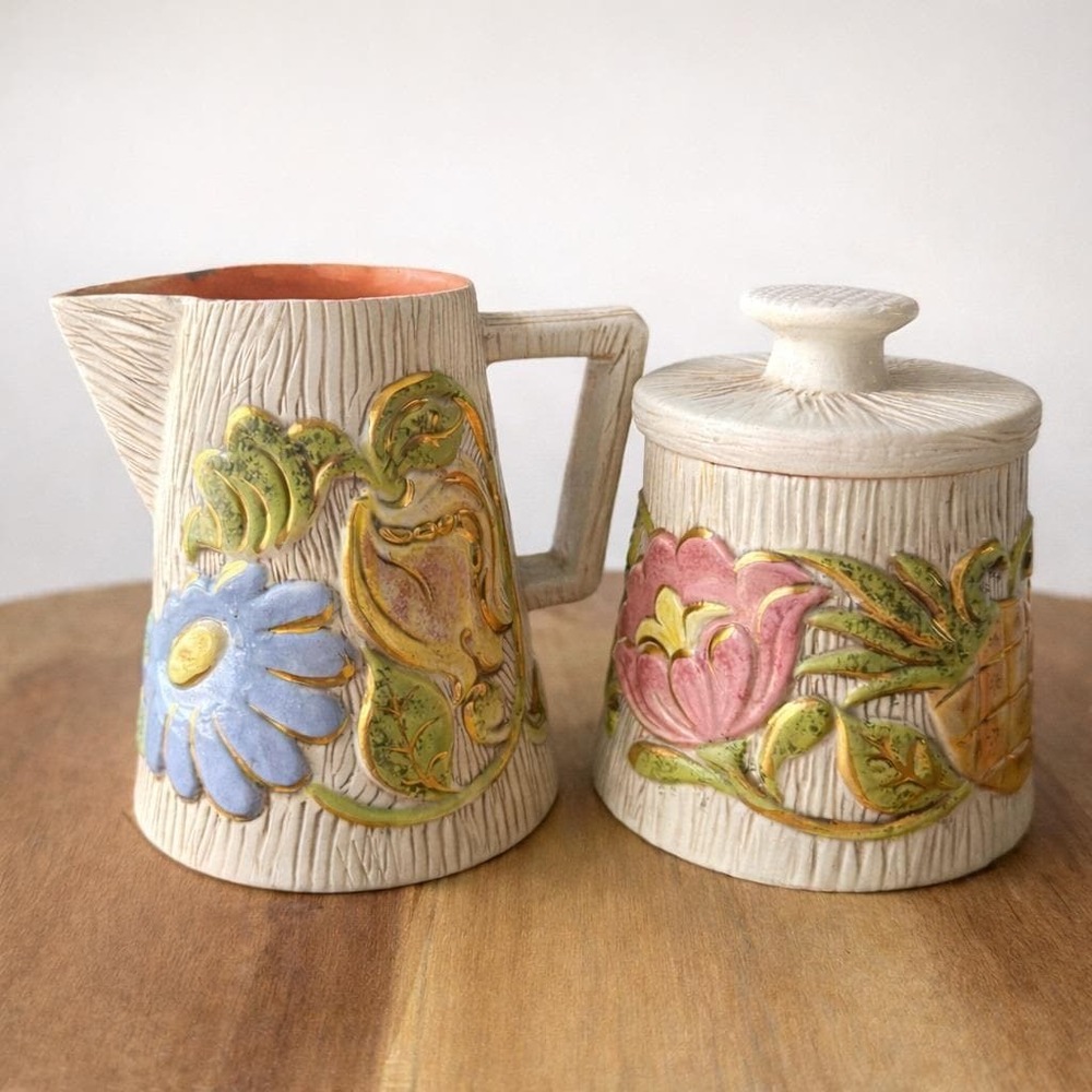 Signed 1963 Folk‎ Art Ceramic Creamer Sugar Set — Granny Billie Studio Pottery